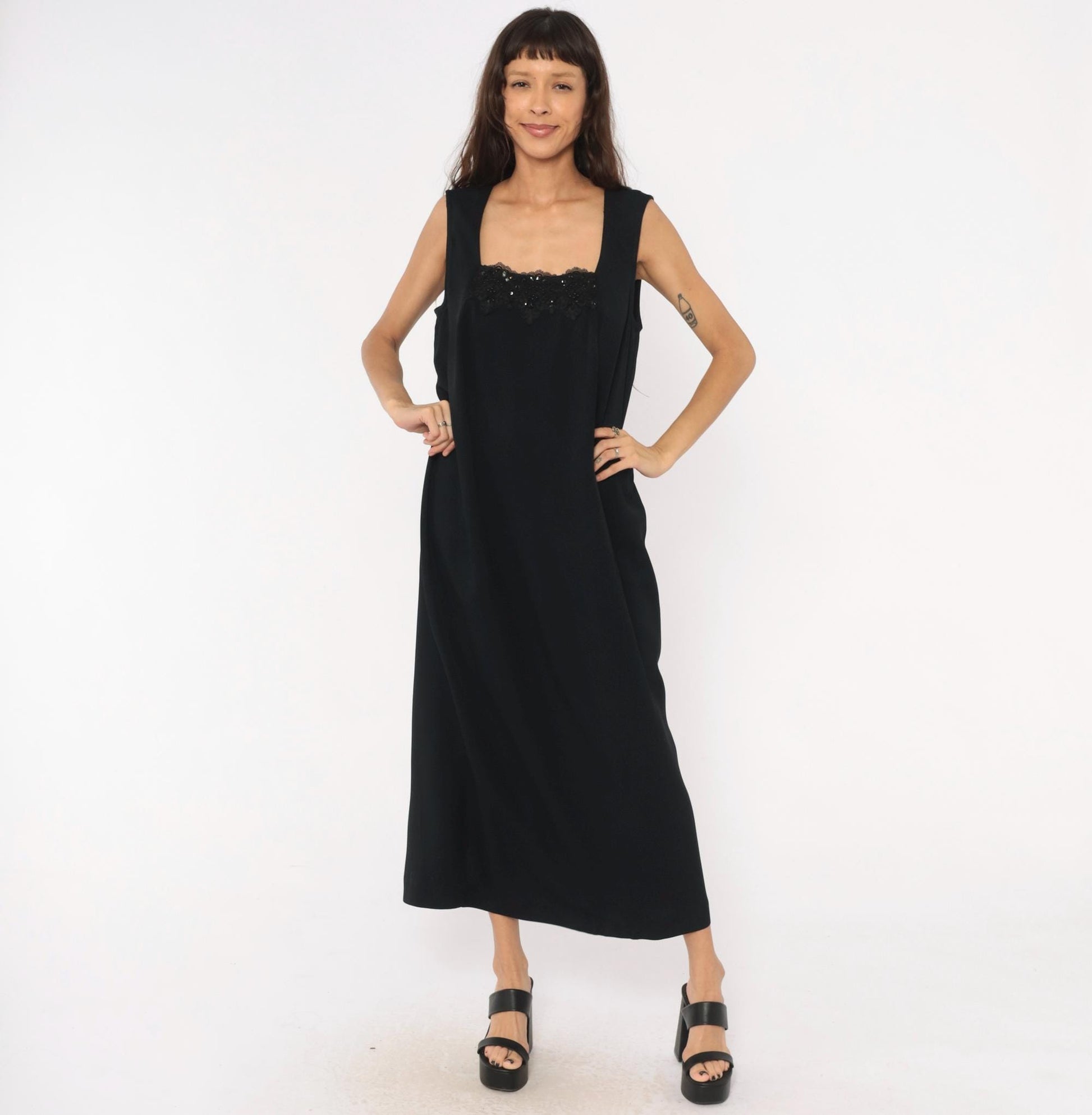 90s R&M Richards Black Sequin Lace Maxi Dress Plus Size 1X