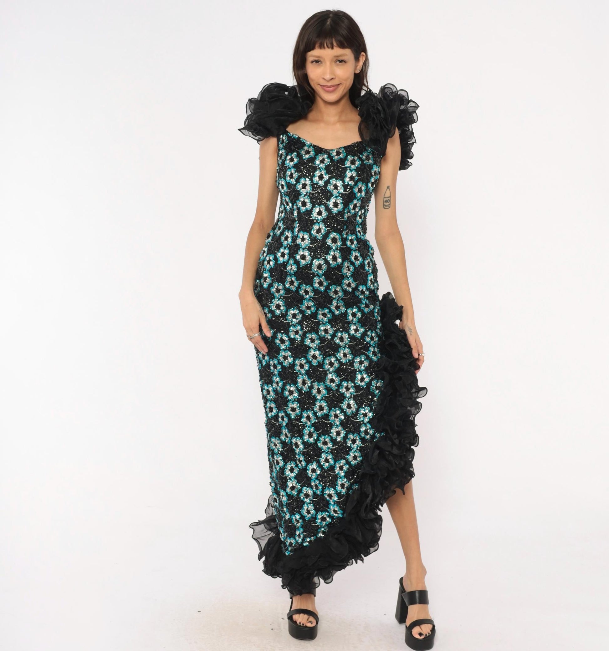 80s Alyce Designs Black Sequin Maxi Gown Teal Silver Floral Small