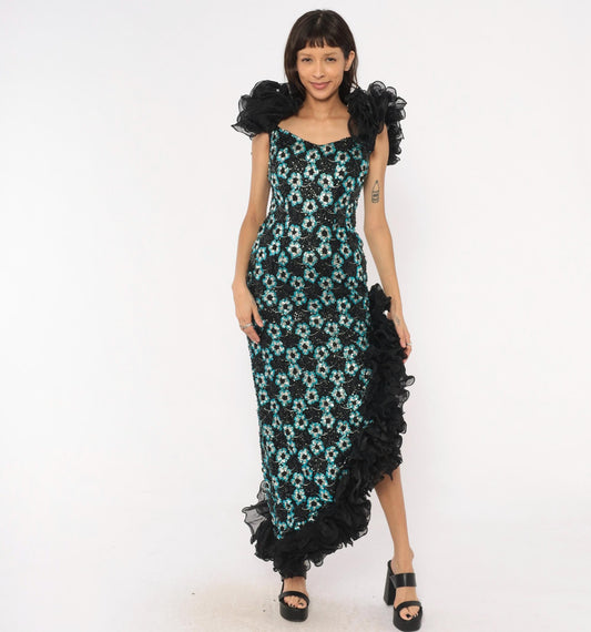 80s Alyce Designs Black Sequin Maxi Gown Teal Silver Floral Small