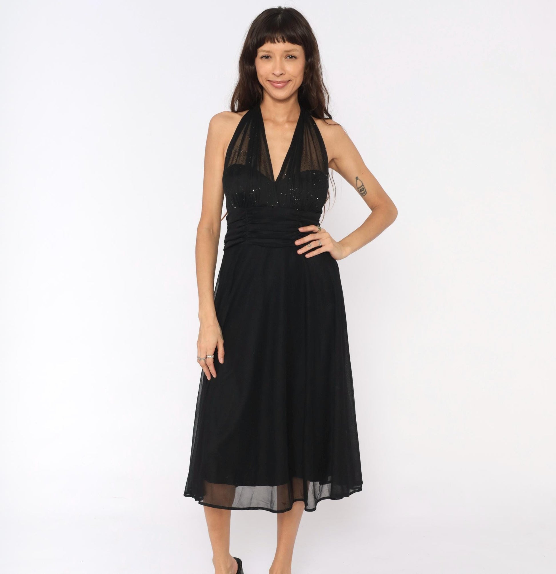 90s Black Halter Midi Dress Deep V Glitter Mesh Open Back Medium
