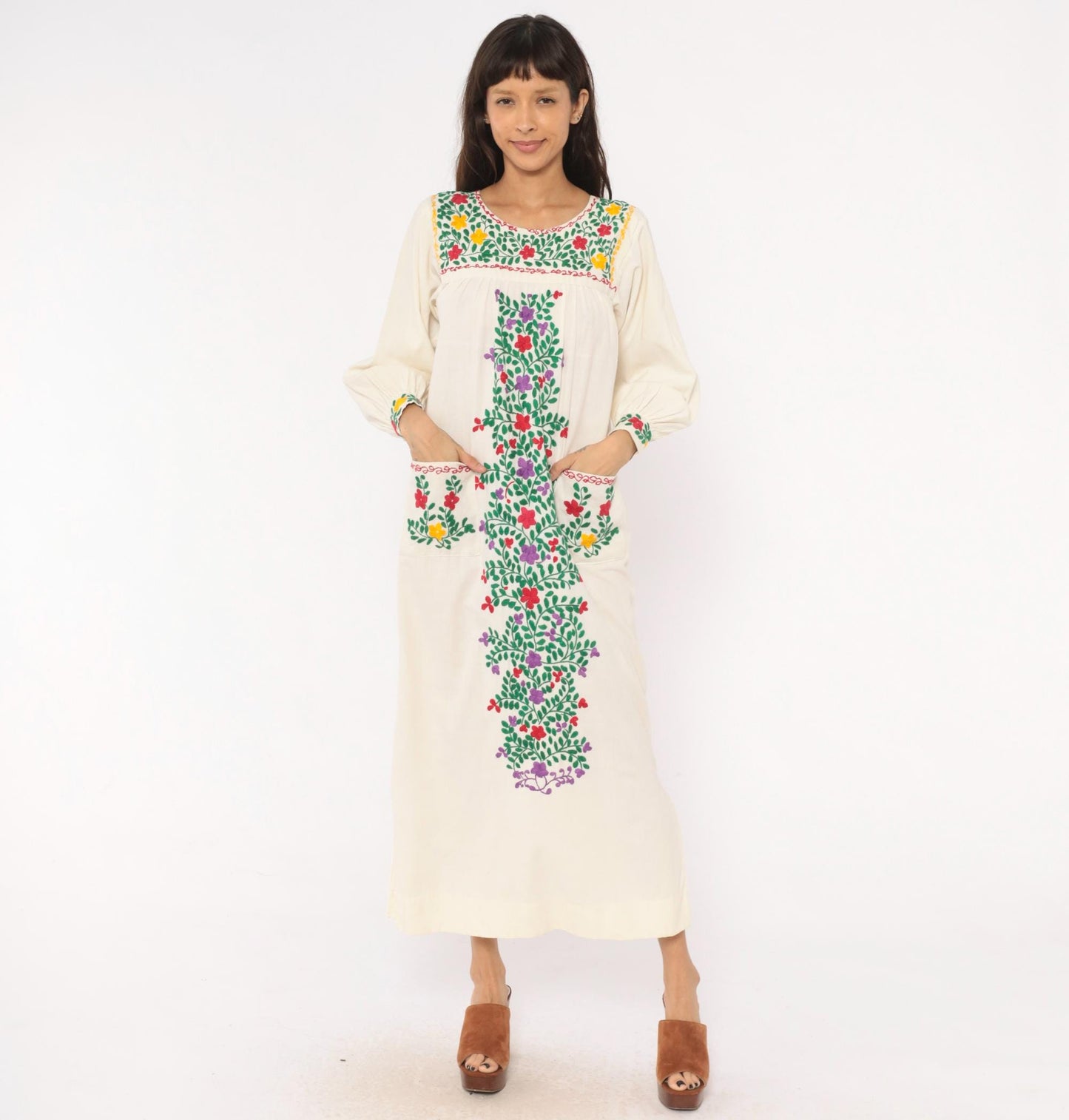70s Embroidered Mexican Cotton Maxi Dress Floral Cream Long Sleeve Small