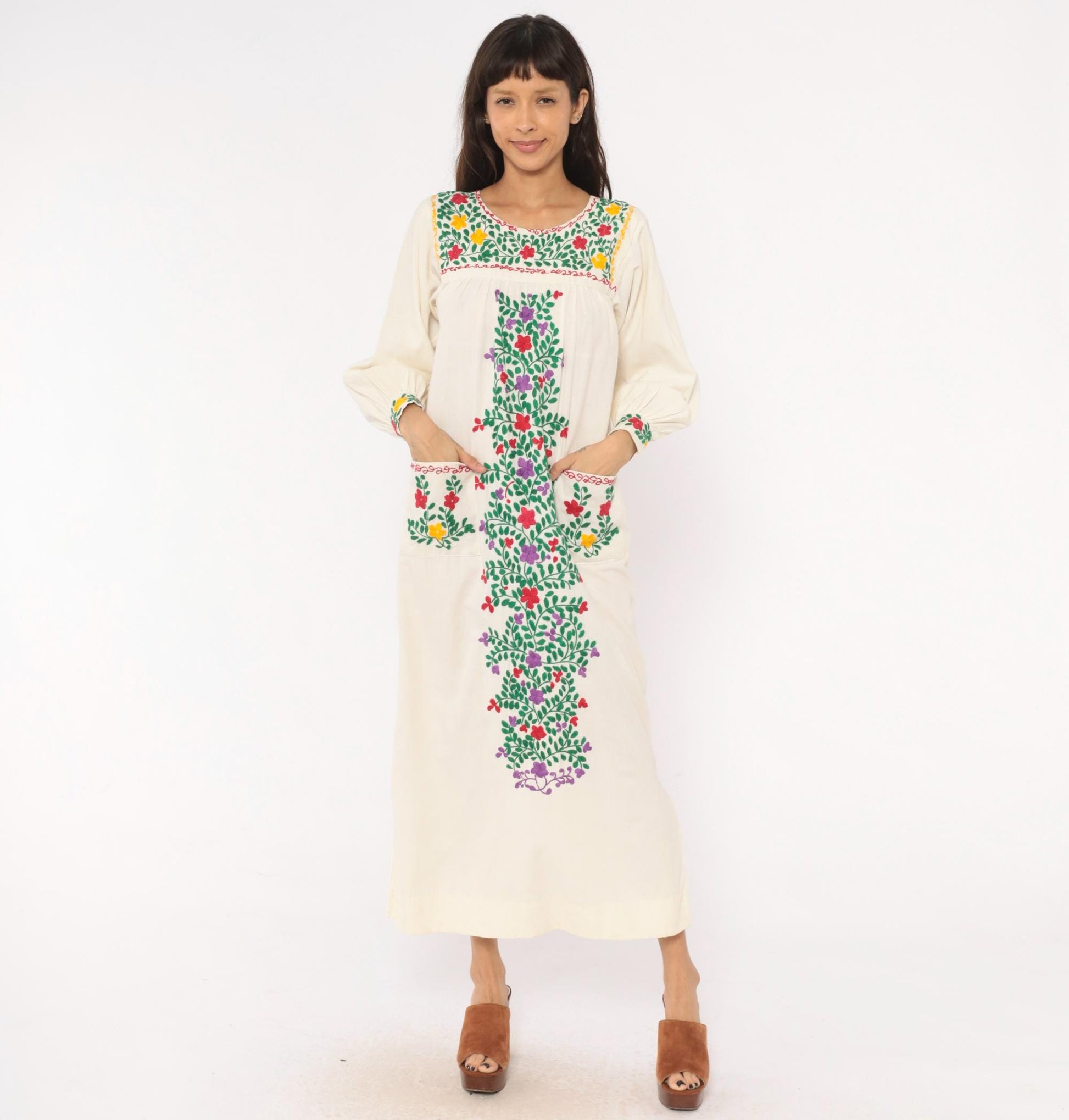 70s Embroidered Mexican Cotton Maxi Dress Floral Cream Long Sleeve Small