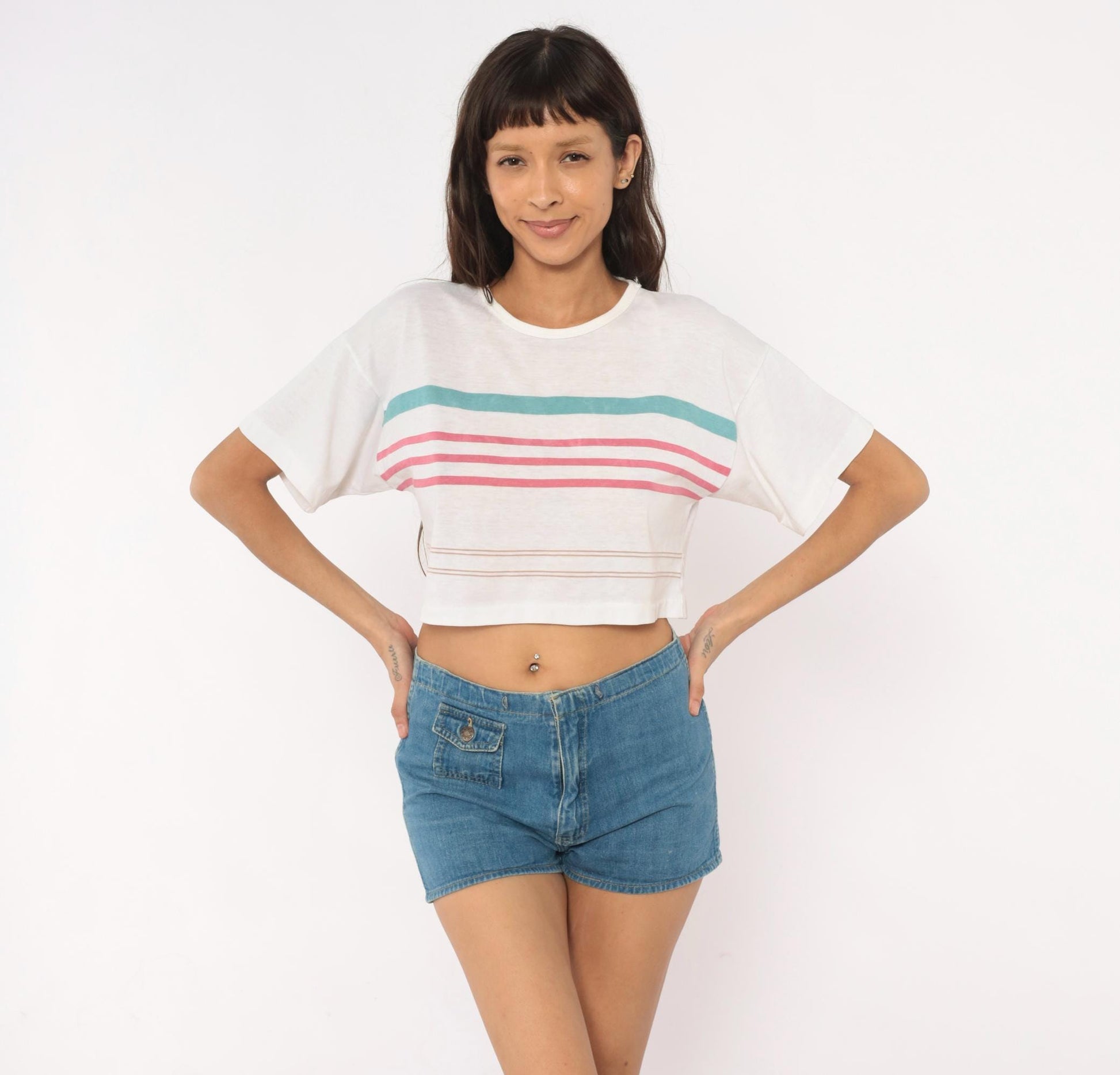 90s Striped Crop Top White Teal Pink Cotton Boxy Tee Small S