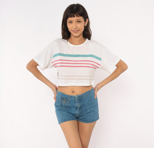 90s Striped Crop Top White Teal Pink Cotton Boxy Tee Small S