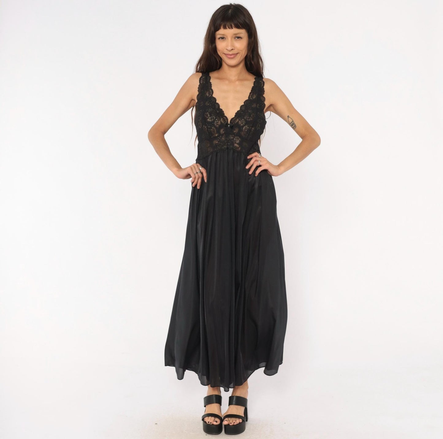 80s Shadowline Black Lace Maxi Nightgown Deep V Sheer Bodice Large L