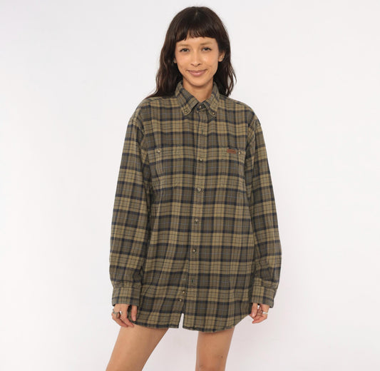 2000s Carhartt Plaid Flannel Shirt Tan Navy Button Down Medium