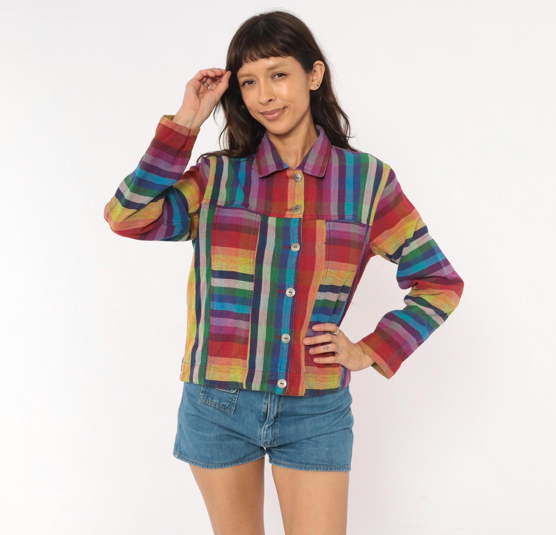 Y2K Chico's Design Rainbow Plaid Cropped Jacket Cotton Small S
