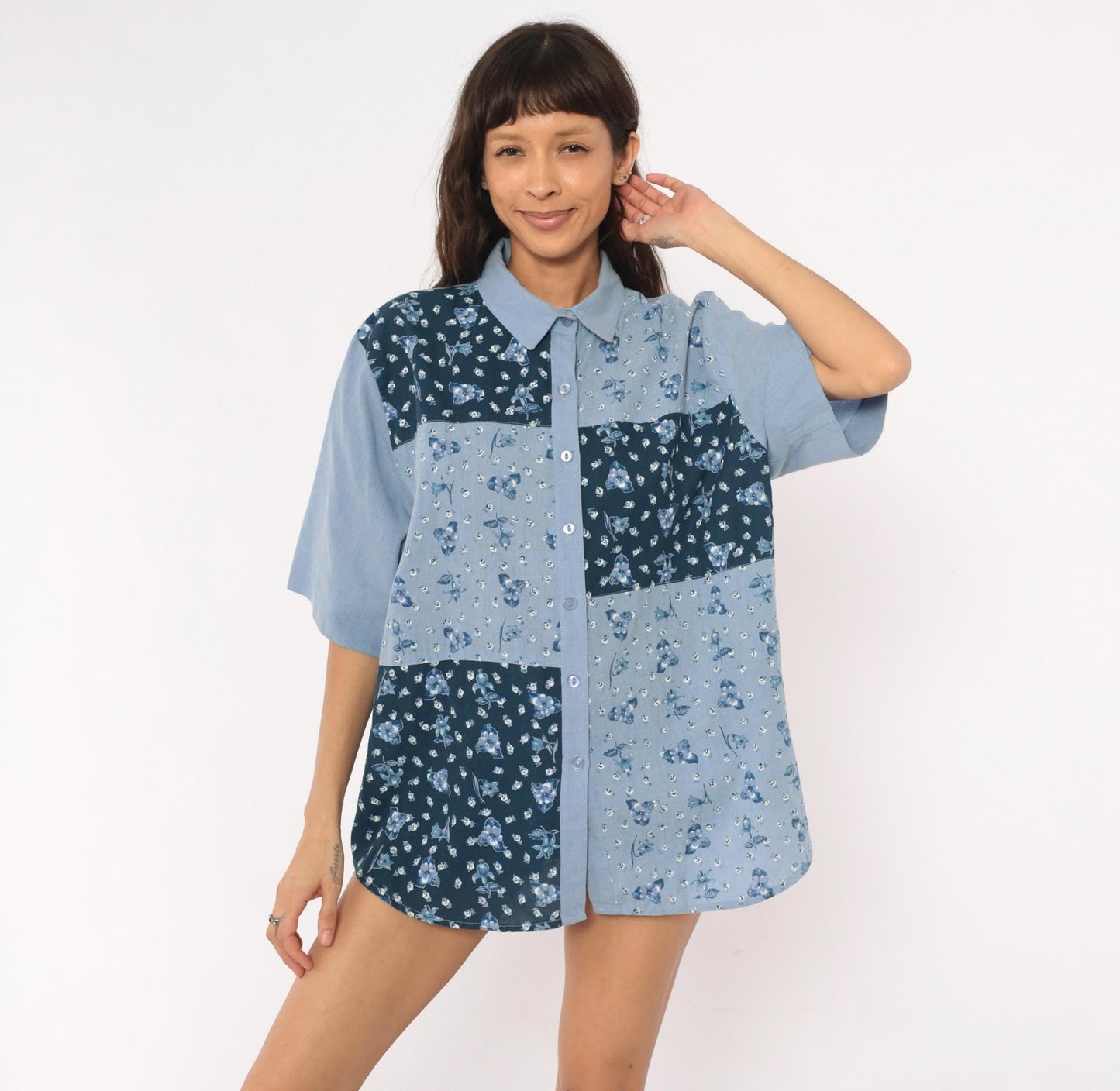 90s Tapestry Patchwork Floral Button-Up Shirt Blue Navy Cotton Blend Extra Large