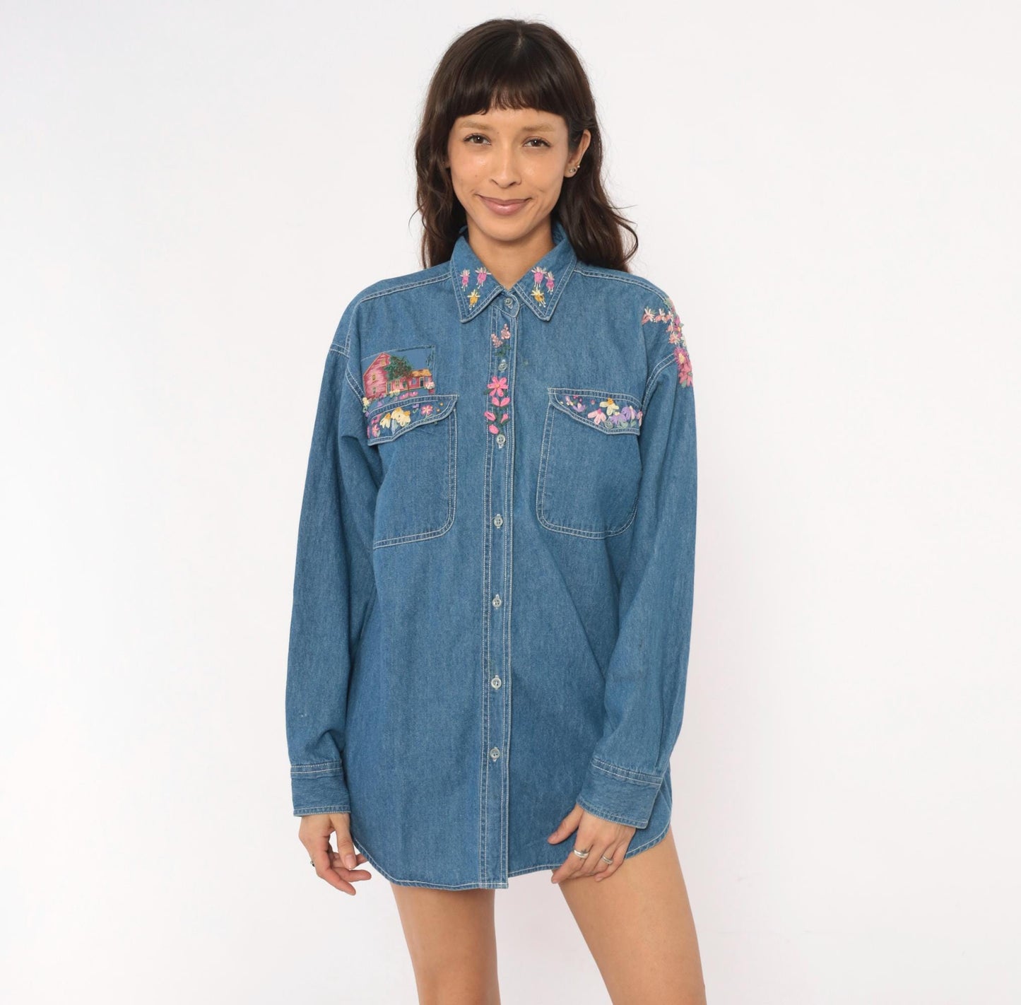 90s Short Circuit Blues Denim Shirt Hand-Painted Floral Garden Multicolor Large L