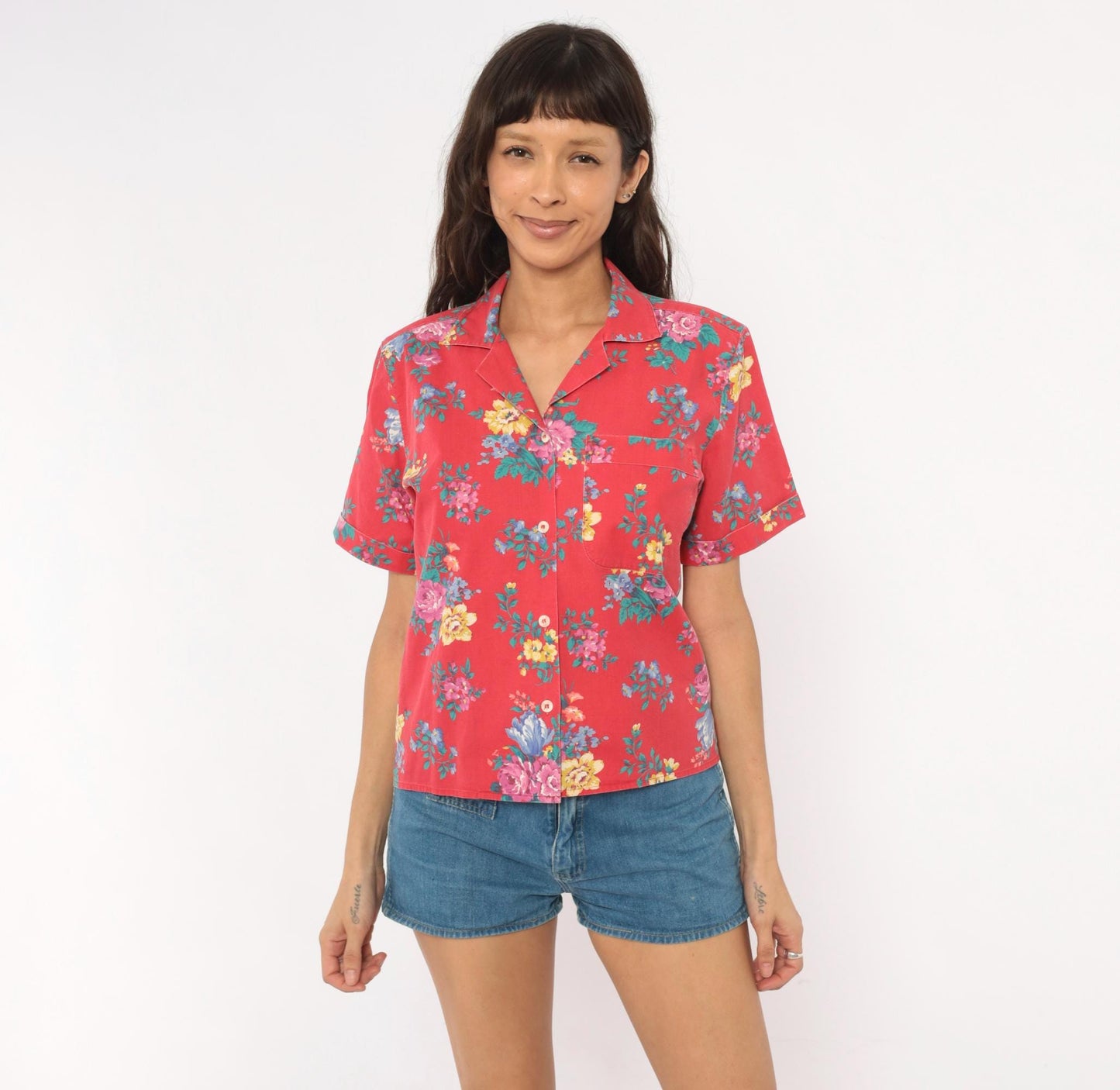 90s Bentley Arbuckle Floral Button-Up Camp Shirt Red Cotton Small