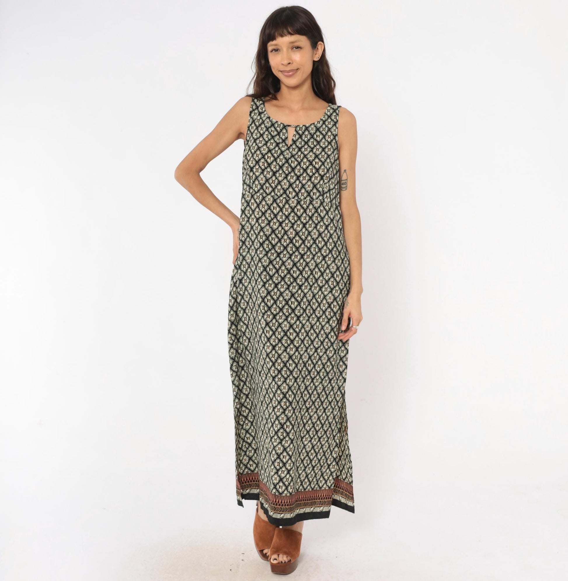 90s Dorée Collections Diamond Lattice Maxi Dress Black Cream Keyhole Large L