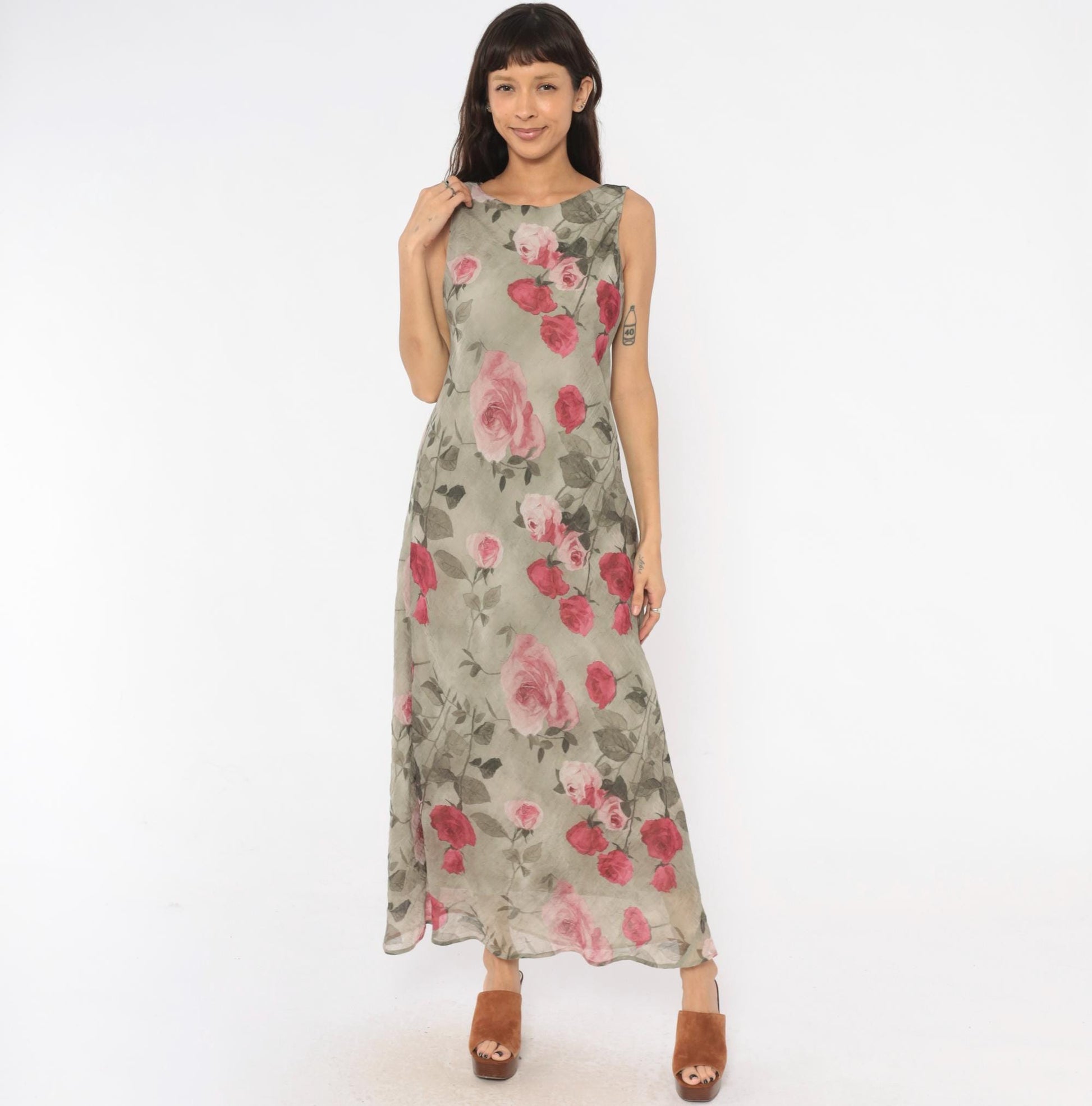 90s Dressbarn Maxi Dress Olive Rose Floral Chiffon Sleeveless Large L