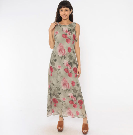 90s Dressbarn Maxi Dress Olive Rose Floral Chiffon Sleeveless Large L