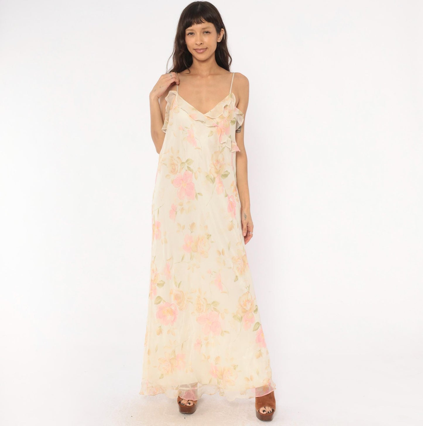 90s Valerie Stevens Floral Maxi Dress Cream Pink Chiffon V-Neck Extra Large XL