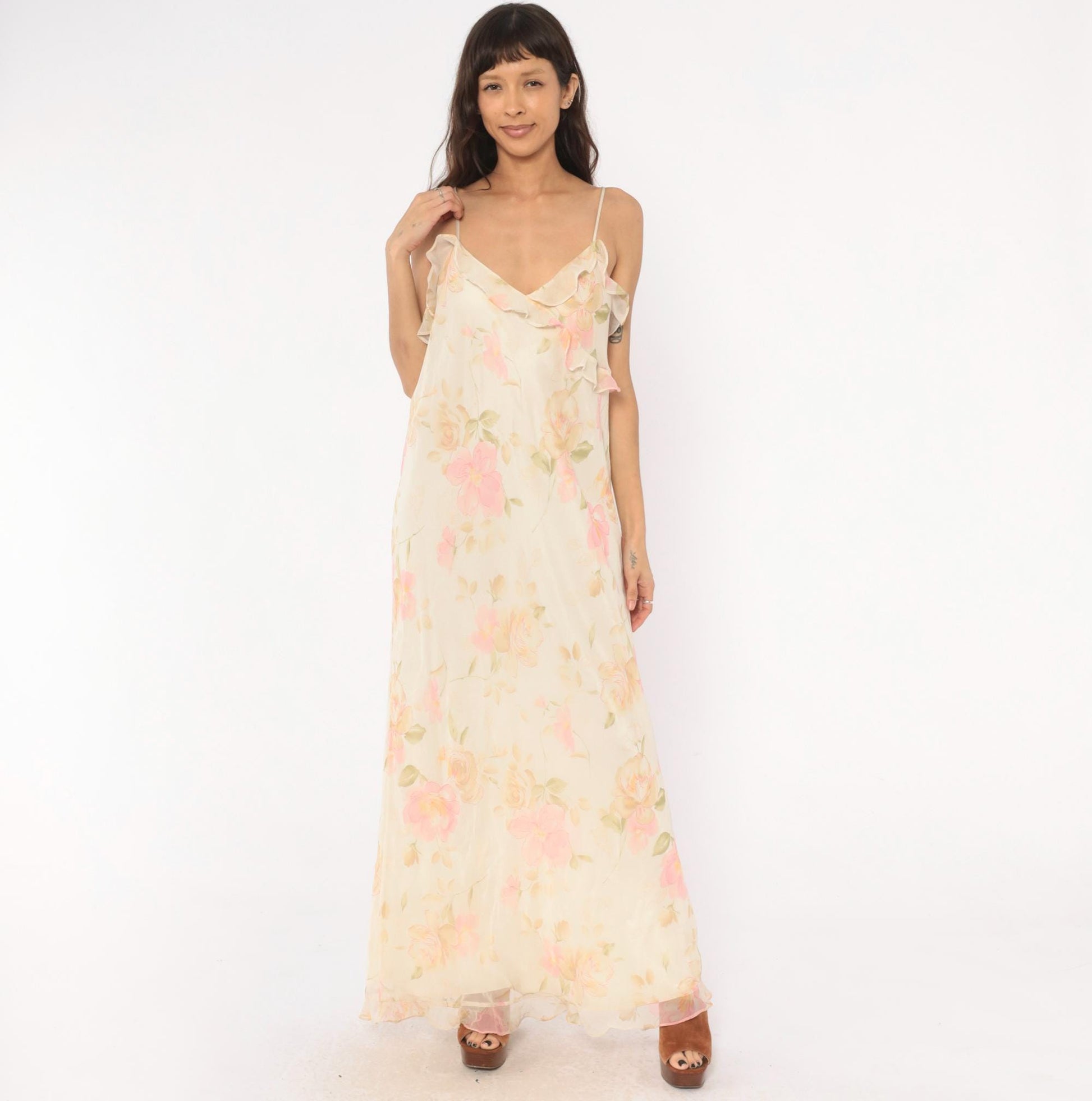 90s Valerie Stevens Floral Maxi Dress Cream Pink Chiffon V-Neck Extra Large XL