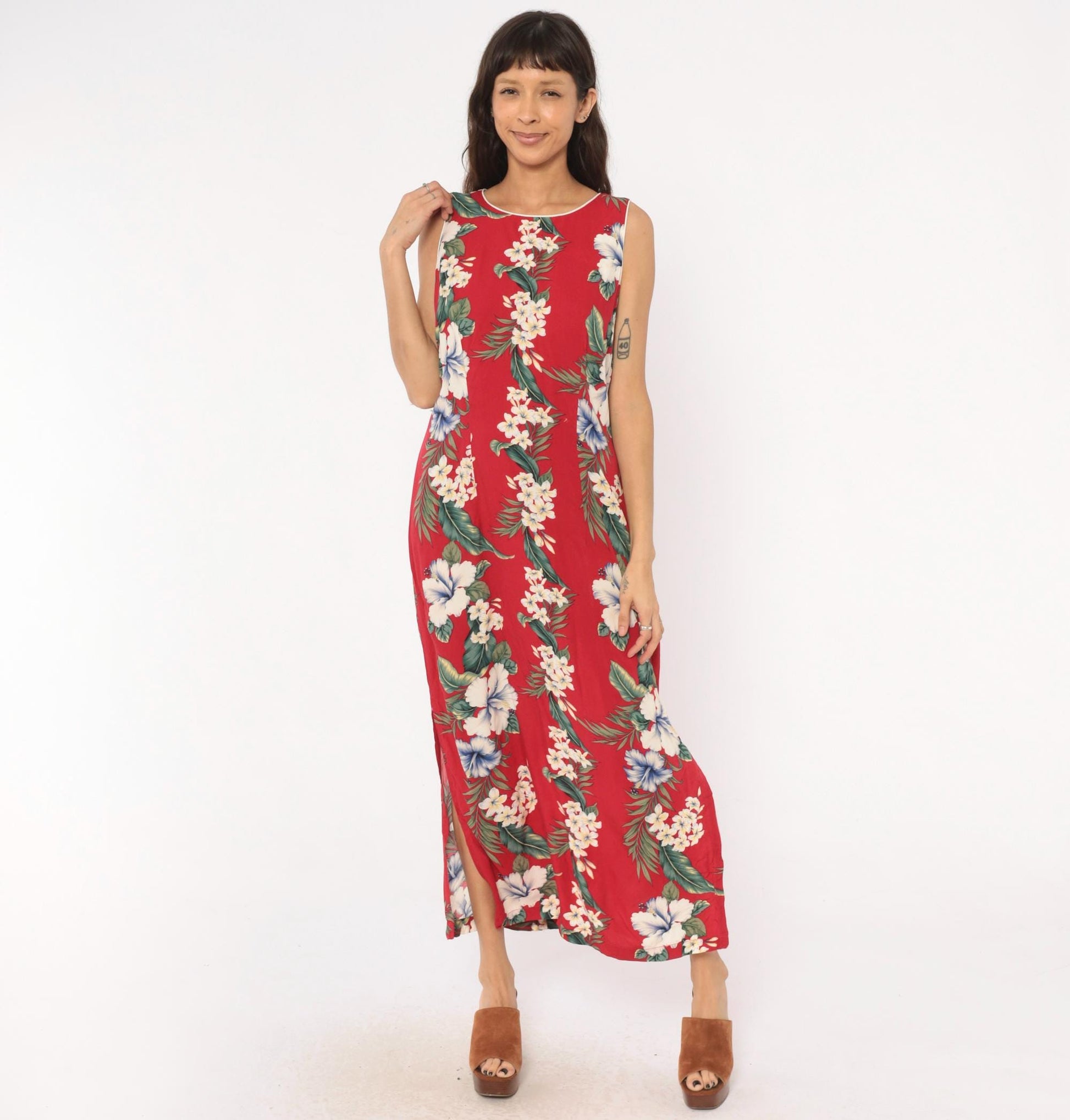 90s Iolani Hawaiian Maxi Dress Red Tropical Floral Sleeveless Large L