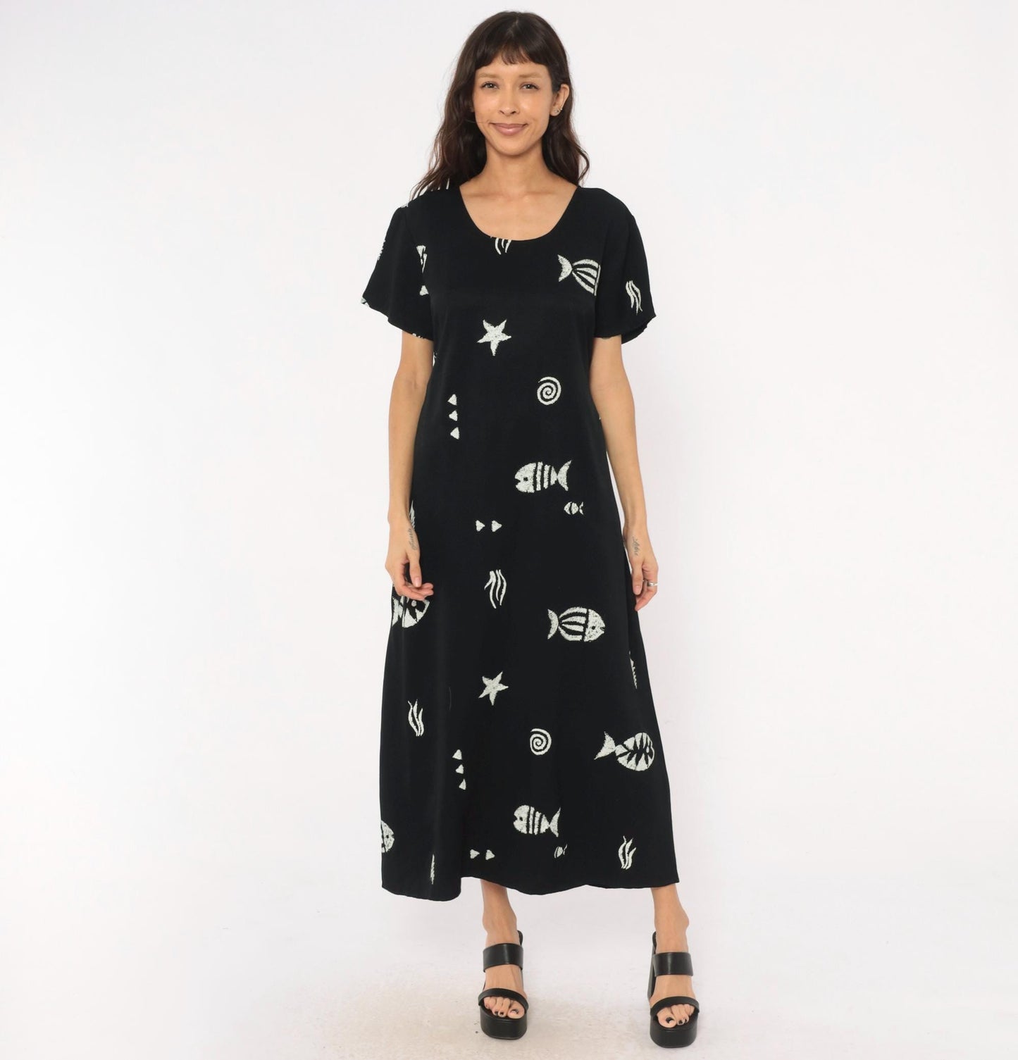 90s Connie Choi Fish Print Maxi Dress Black White Sea Life Large L