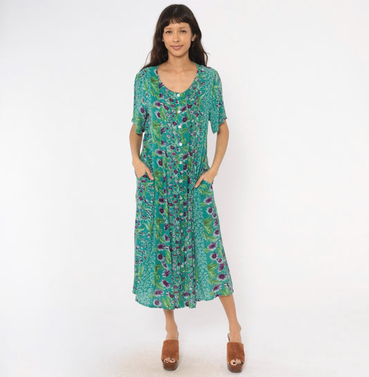90s La Cera Floral Button Front Midi Dress Teal Purple Pockets Medium M