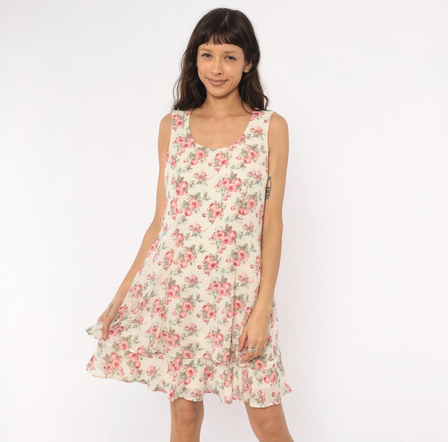 90s All That Jazz Rose Floral Sundress Cream Pink Scoop Neck Medium M