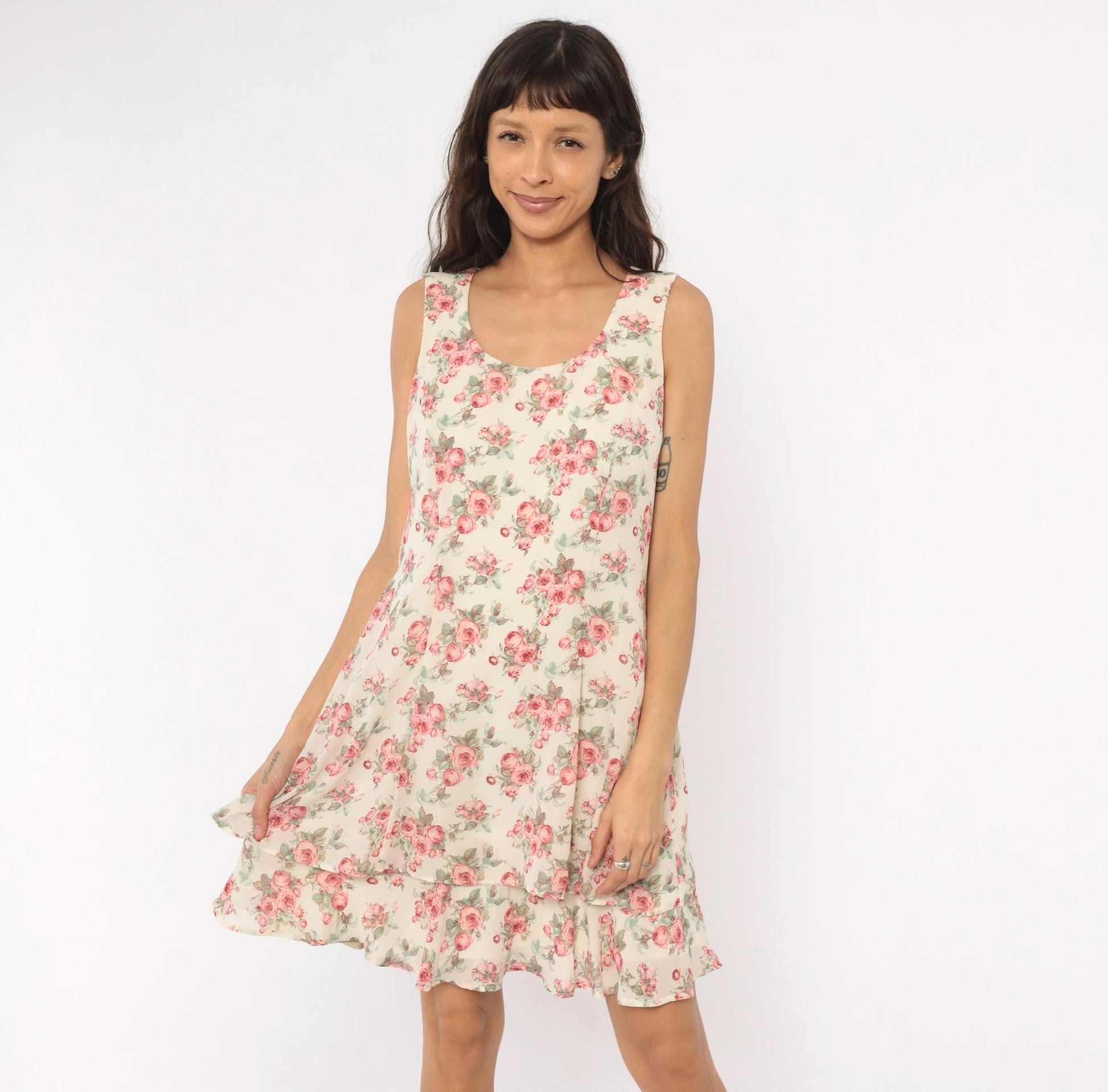 90s All That Jazz Rose Floral Sundress Cream Pink Scoop Neck Medium M