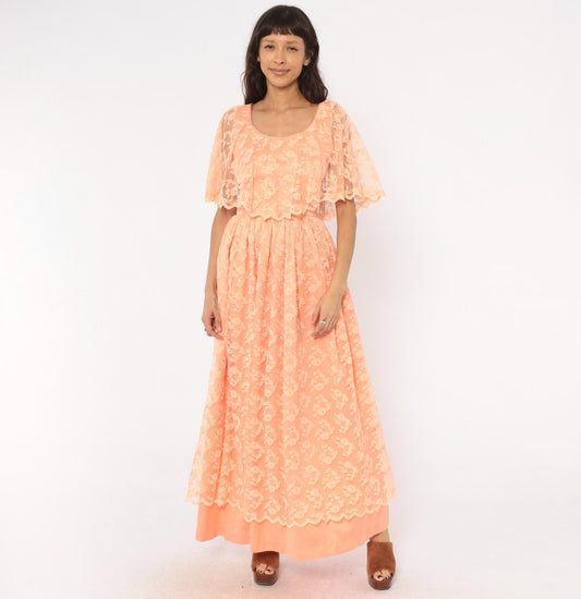 70s Peach Lace Maxi Dress Flutter Cape Sleeve Floral Overlay Small