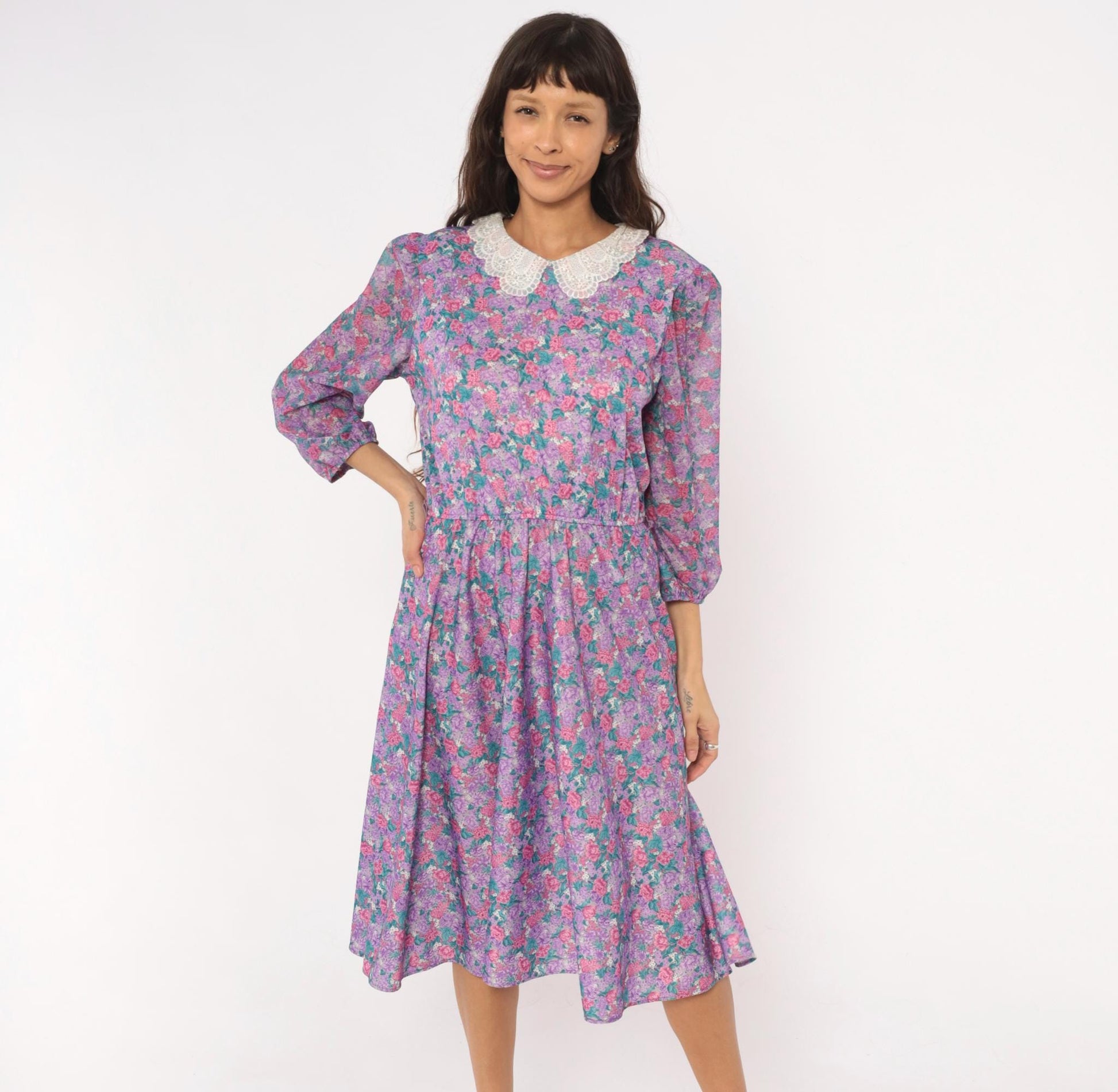 80s M.C.S.Ltd. Floral Midi Dress Puff Sleeve Peter Pan Collar Purple Large L