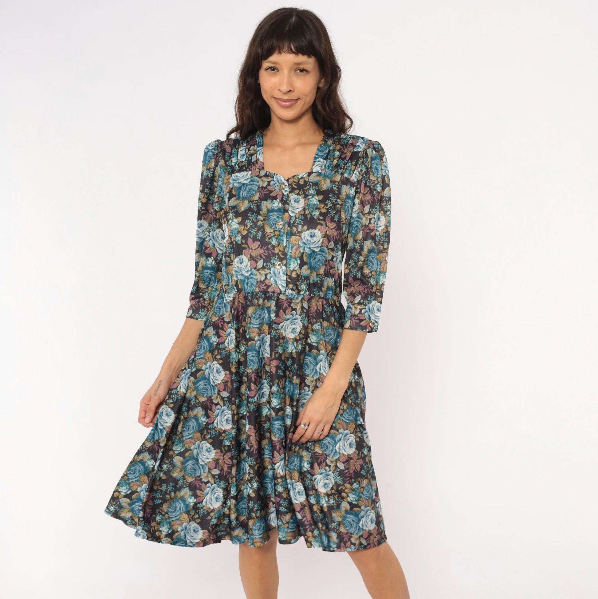 80s Rose Floral Button-Front Dress Blue Sweetheart Puff Sleeve Midi Large L