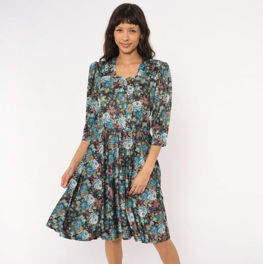 80s Rose Floral Button-Front Dress Blue Sweetheart Puff Sleeve Midi Large L
