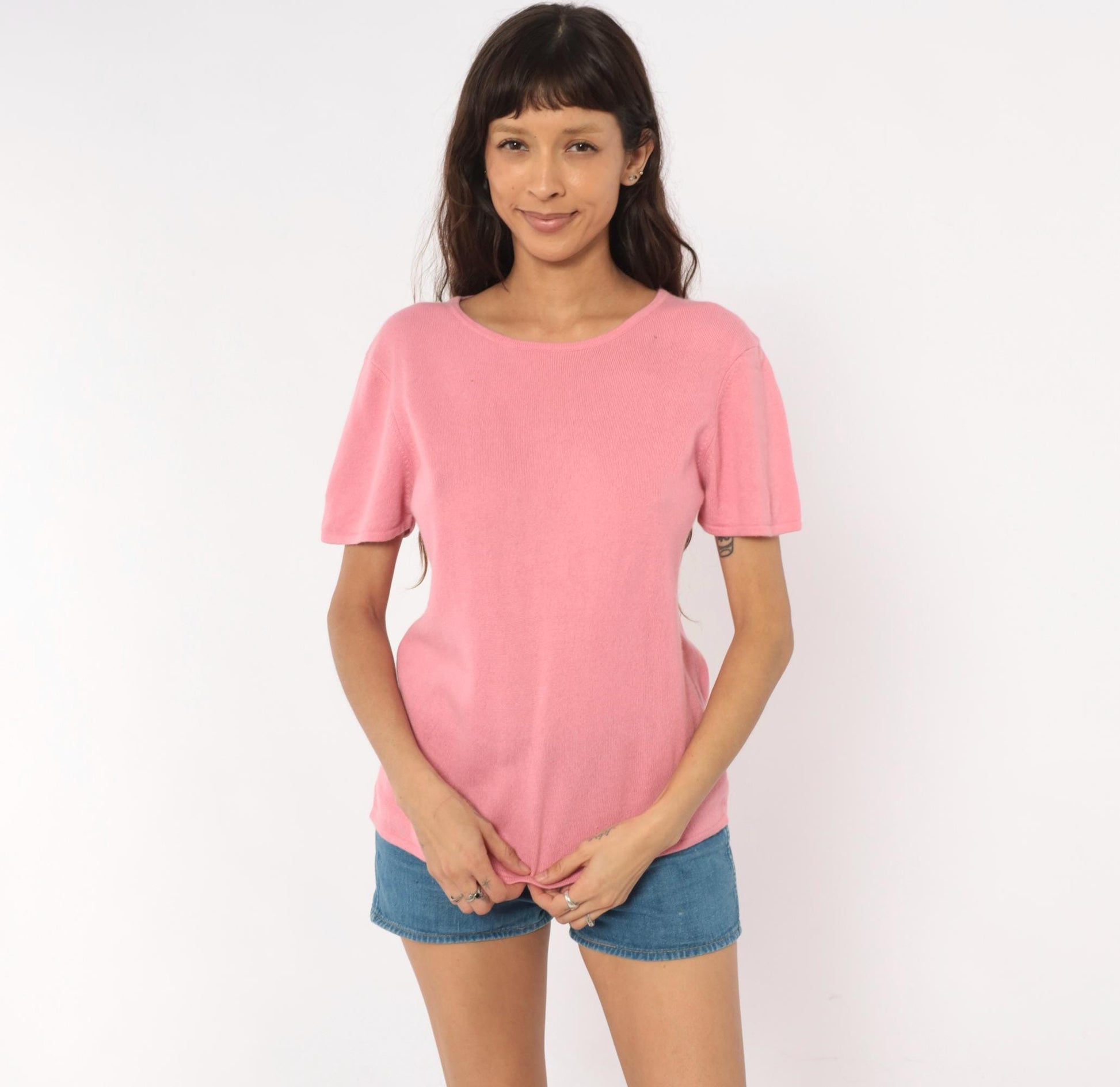 Y2K Rose Silk Cashmere Knit Tee Pink Scoop Neck Short Sleeve Large L