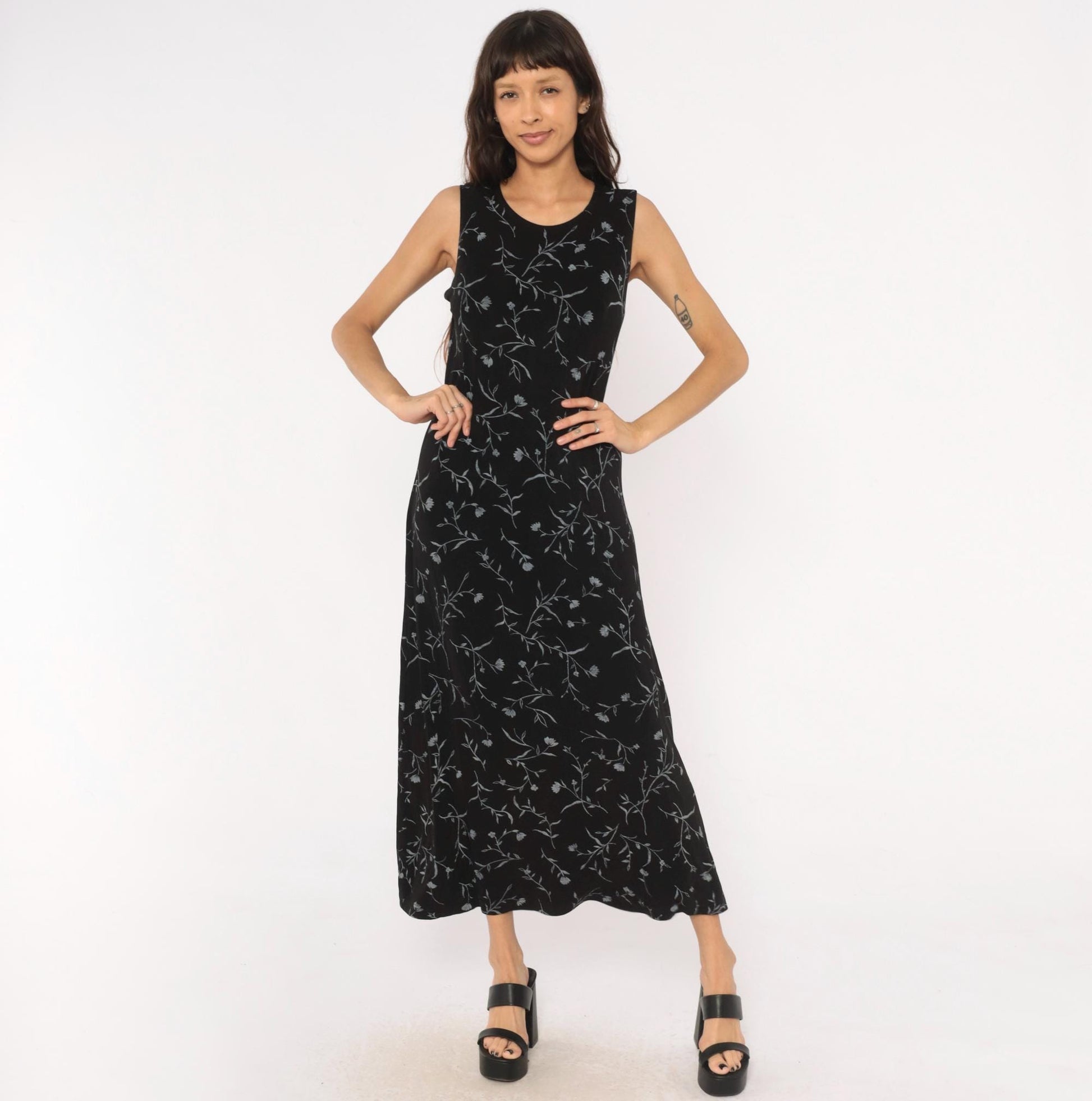 90s Ronni Nicole Black Floral Maxi Dress Grey Vine Print Sleeveless Large L