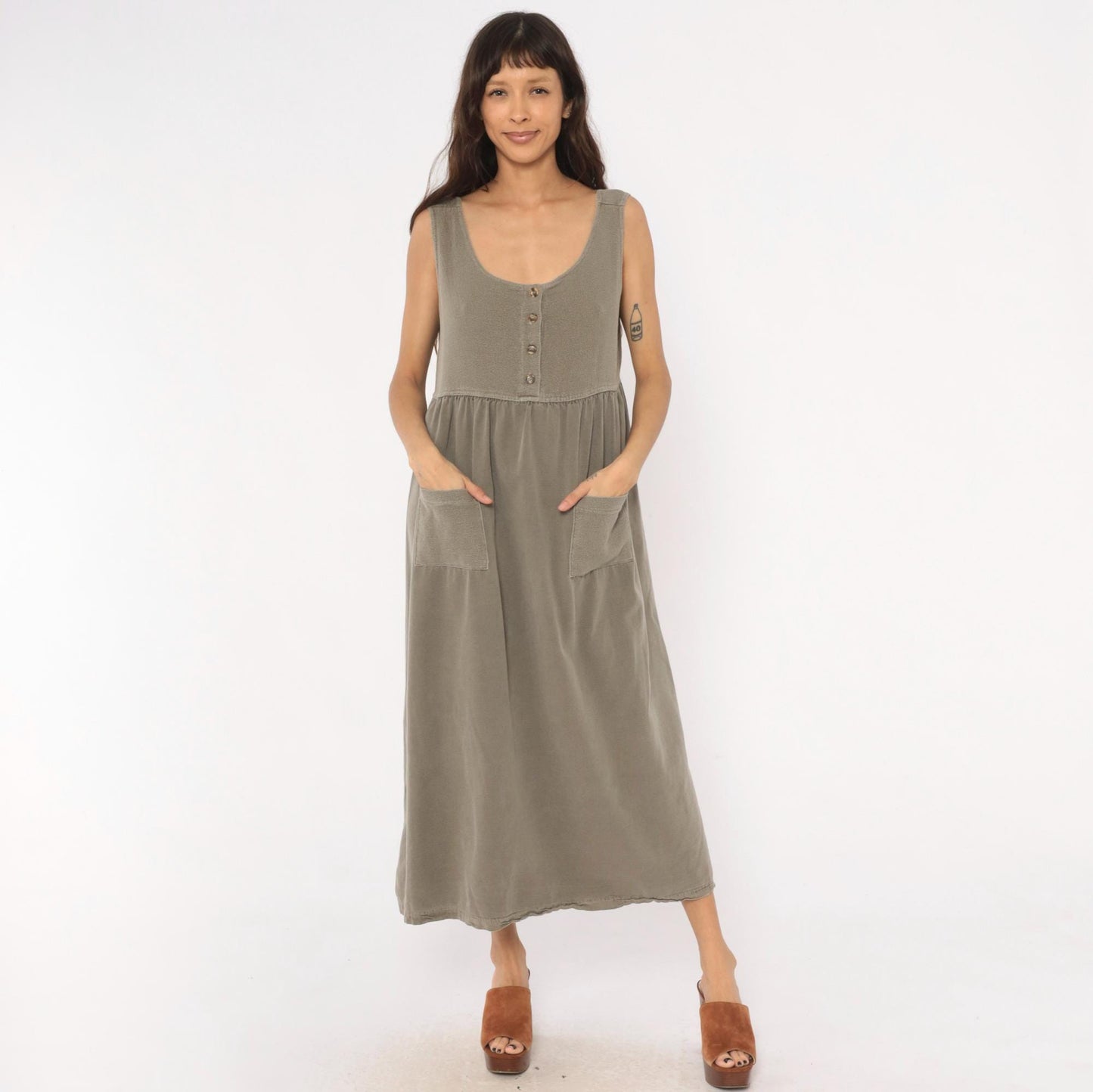 90s Cotton Stuff Classics Maxi Dress Grey Sleeveless Button Front Large L