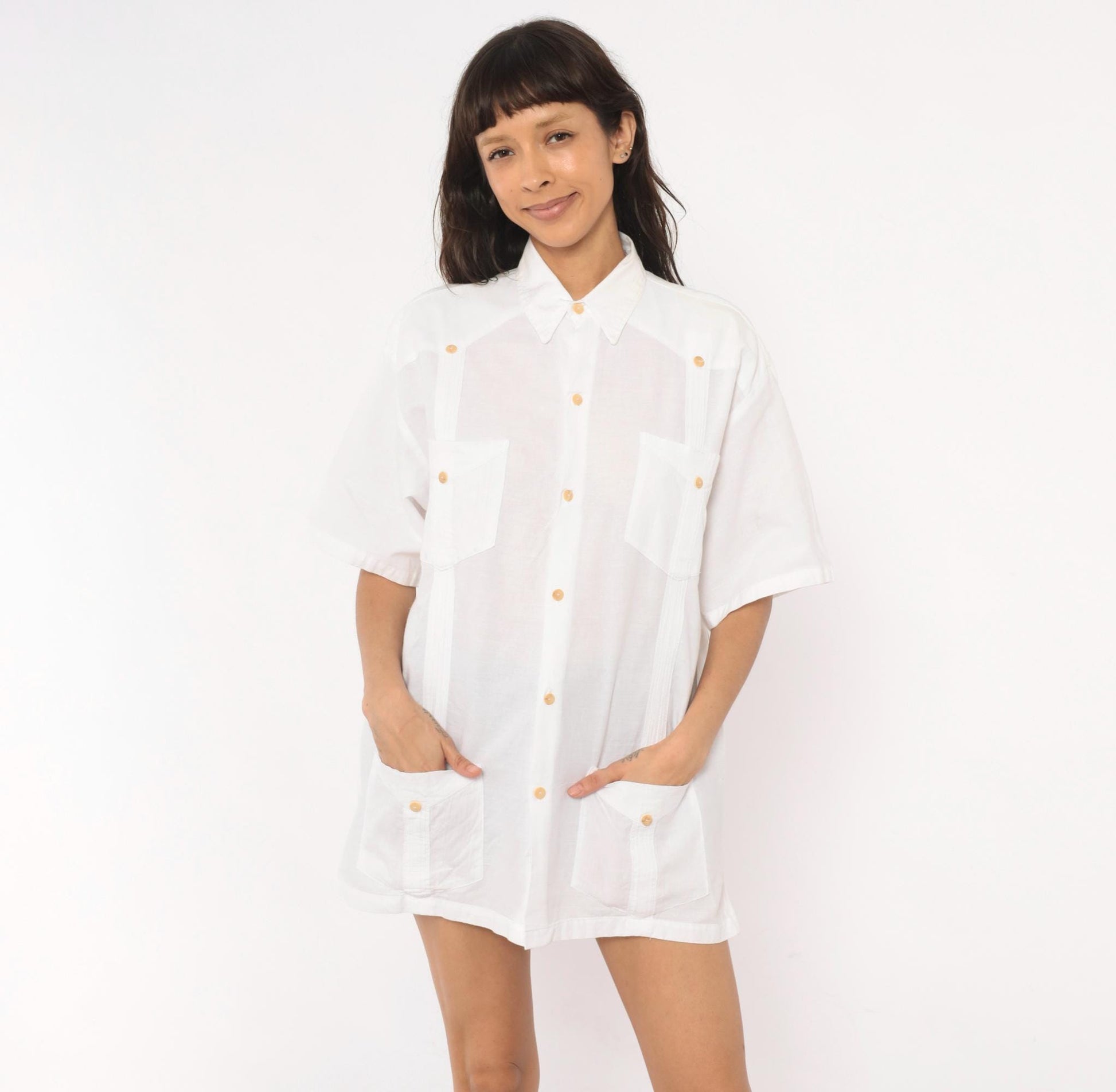 90s White Cotton Button-Up Shirt Four Pocket Short Sleeve Pointed Collar Extra Large XL