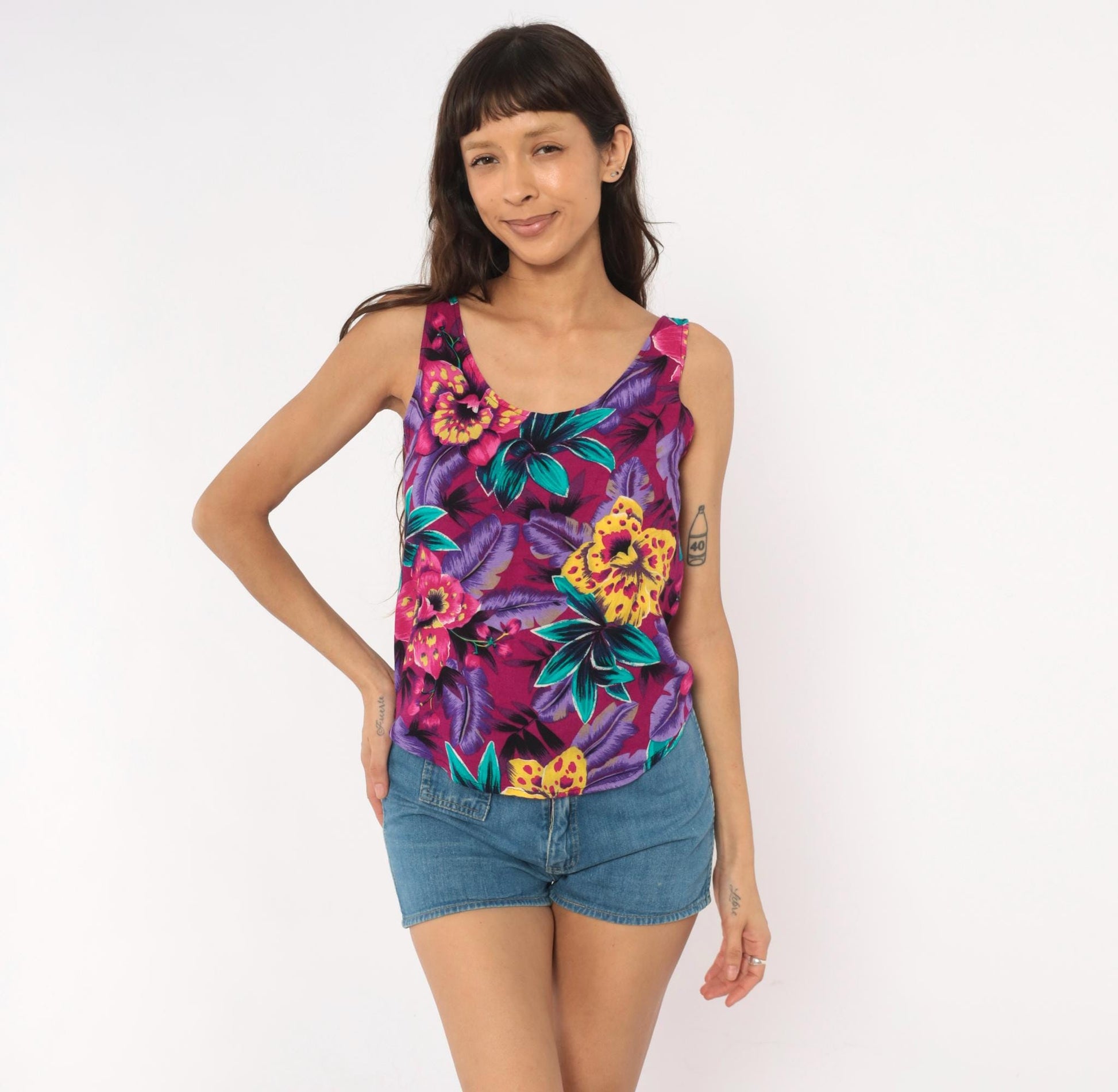 90s Judy Knapp Tropical Floral Tank Top Magenta Purple Rayon Extra Small XS
