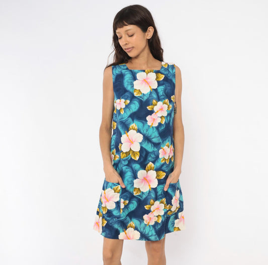 80s Hawaiian Hibiscus Shift Dress Navy Teal Pink Floral Cotton Medium
