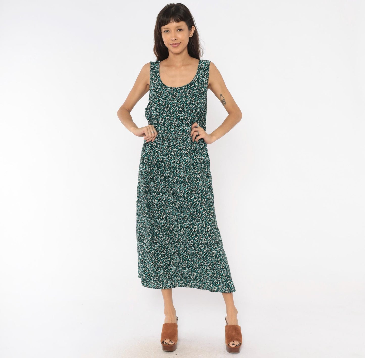 90s Teddi Woman Ditsy Floral Maxi Dress Teal Cream Black Tank Plus Size XXL