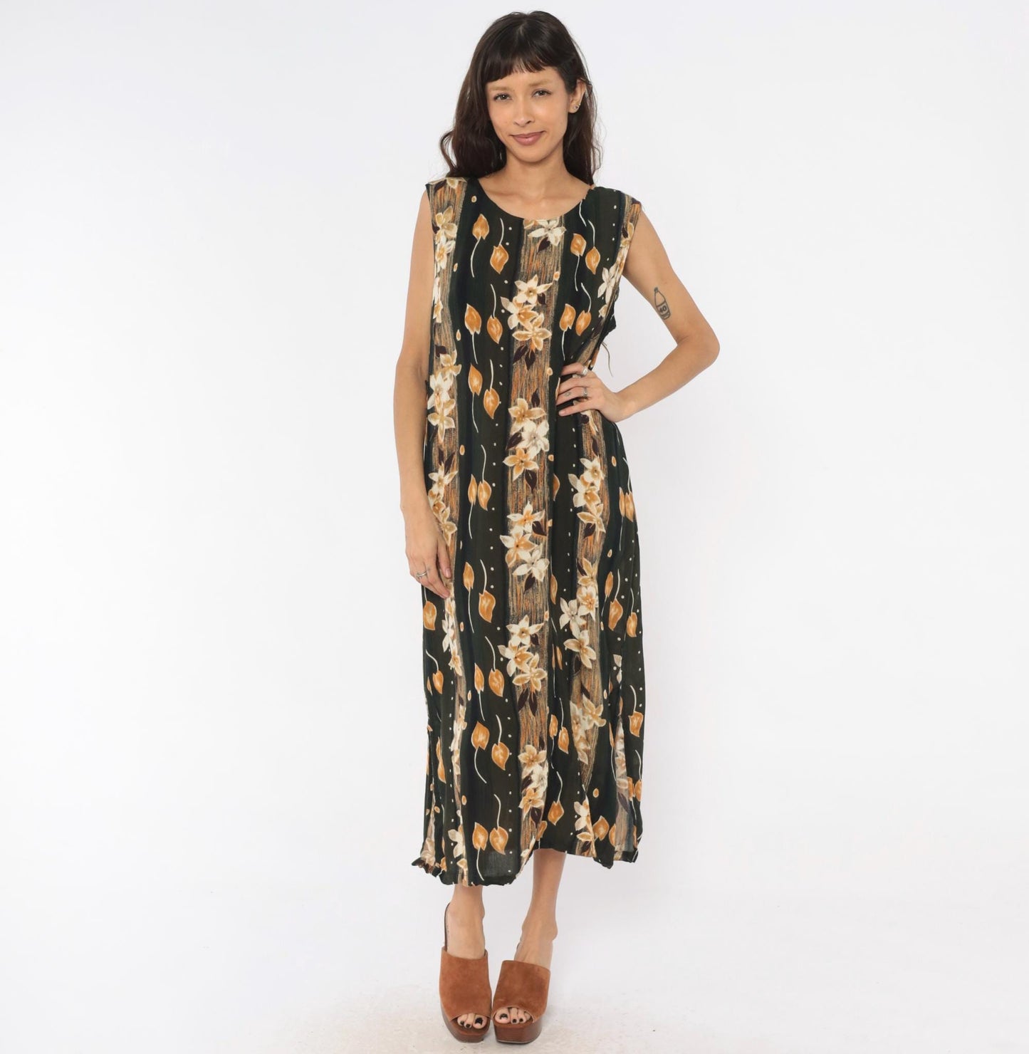 90s Sag Harbor Floral Maxi Dress Olive Green Cream Leaves Large L
