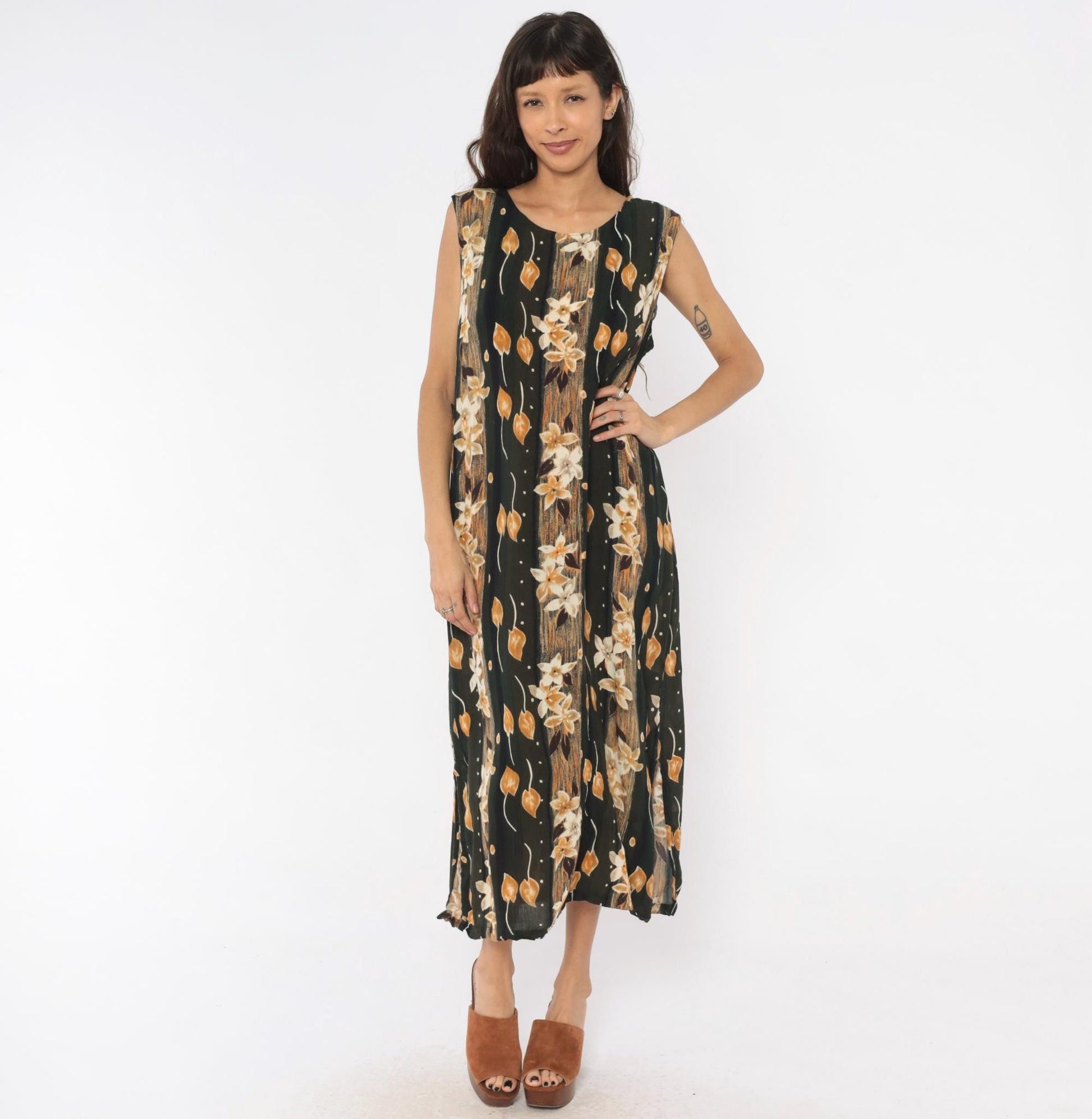 90s Sag Harbor Floral Maxi Dress Olive Green Cream Leaves Large L