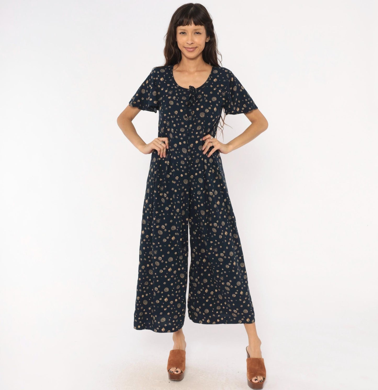 90s Darian Petites Celestial Jumpsuit Navy Tan Star Print Wide Leg Medium M