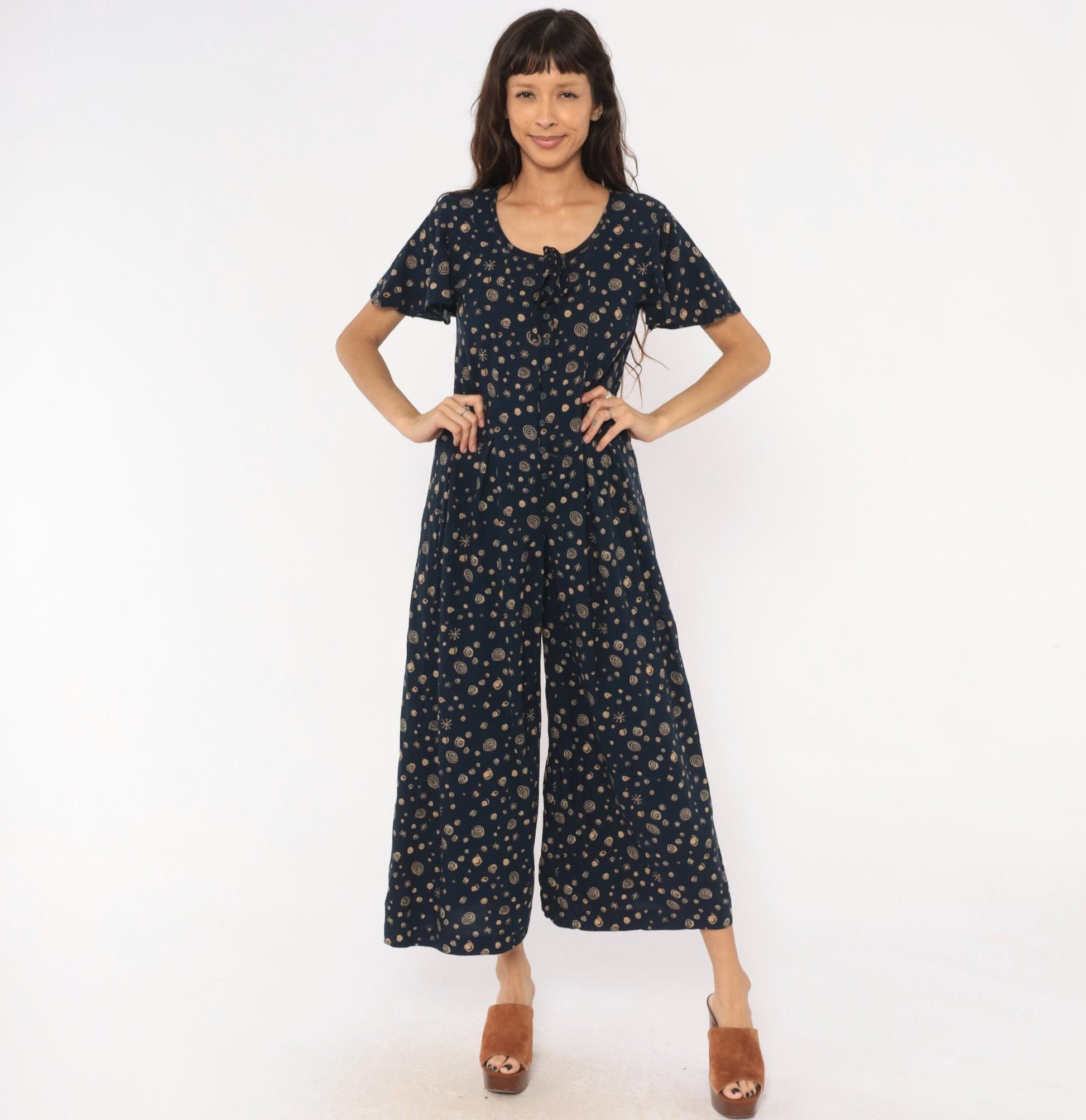 90s Darian Petites Celestial Jumpsuit Navy Tan Star Print Wide Leg Medium M