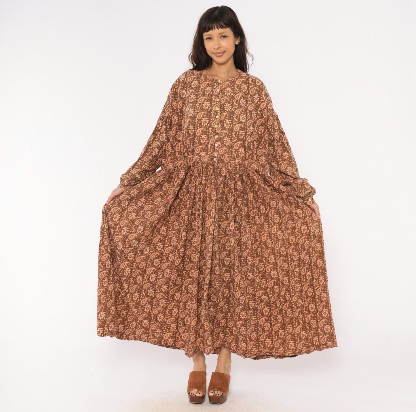 90s Brown Paisley Floral Maxi Dress Cotton Button Front Balloon Sleeve Large