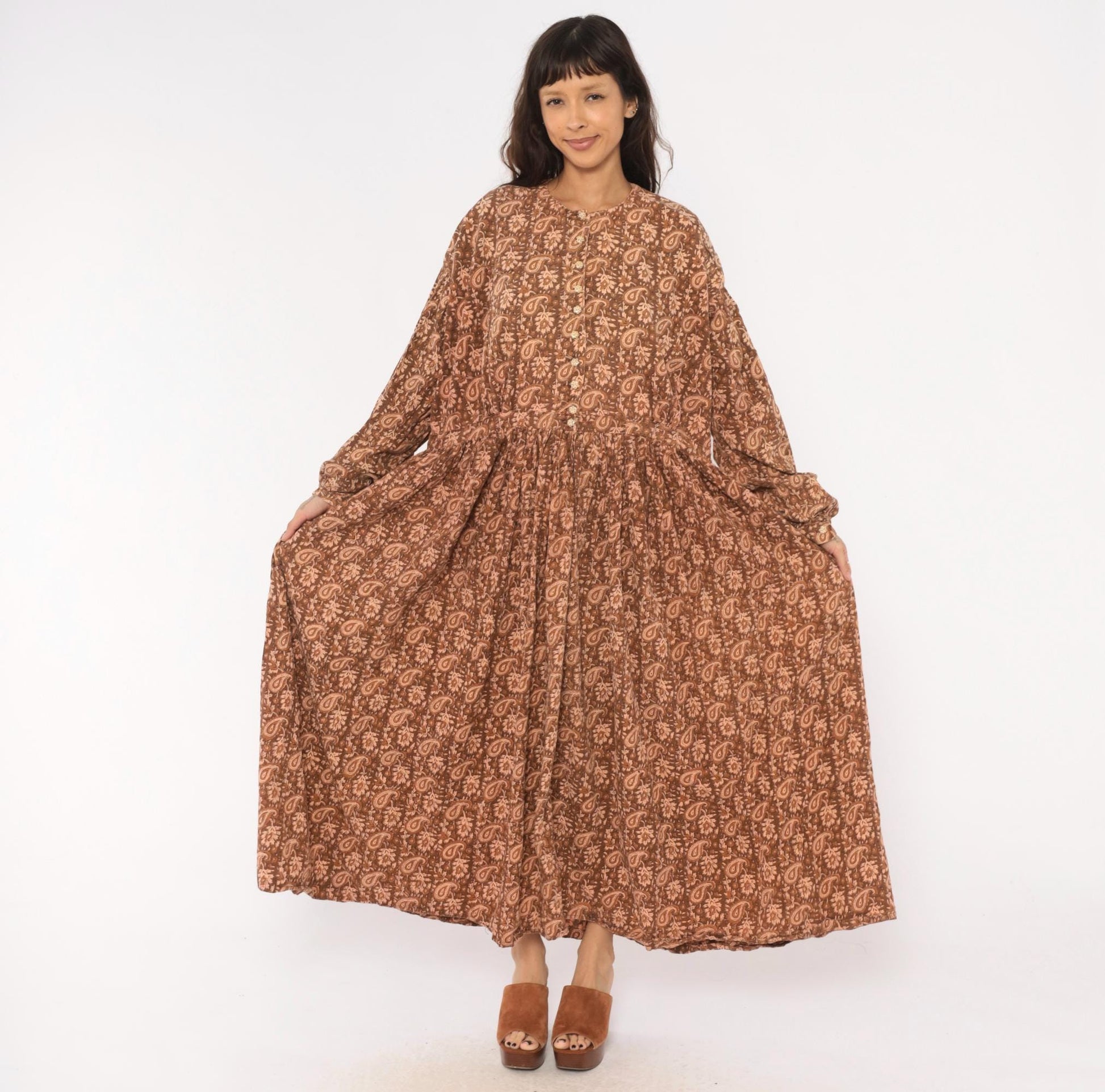 90s Brown Paisley Floral Maxi Dress Cotton Button Front Balloon Sleeve Large
