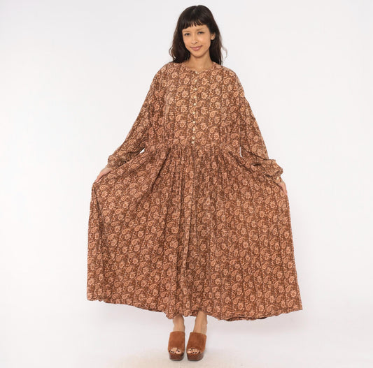 90s Brown Paisley Floral Maxi Dress Cotton Button Front Balloon Sleeve Large