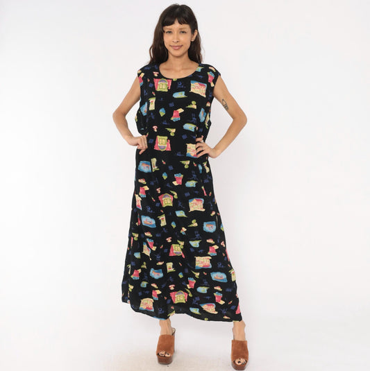90s Positive Attitude Village Print Maxi Dress Black Plus Size 1X