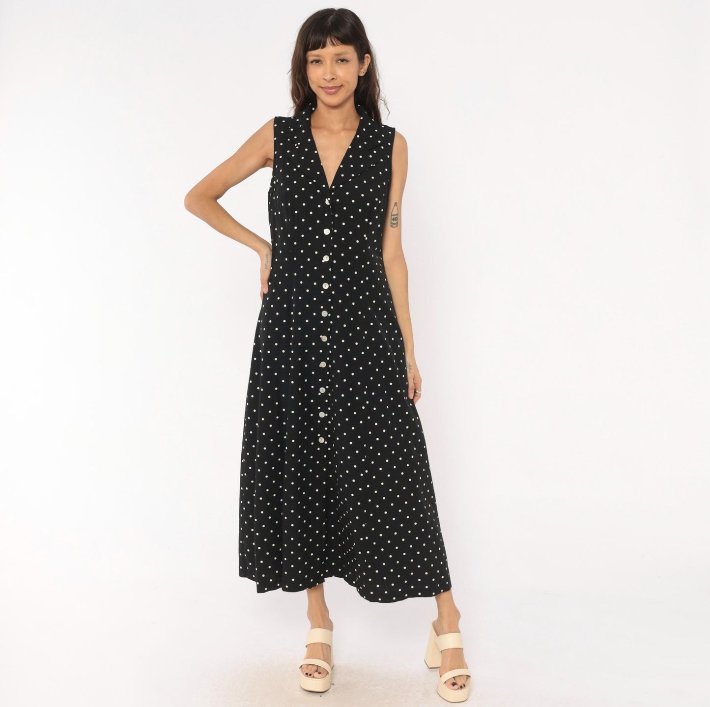 90s Dressbarn Black White Polka Dot Maxi Dress V Neck Button Front Large L