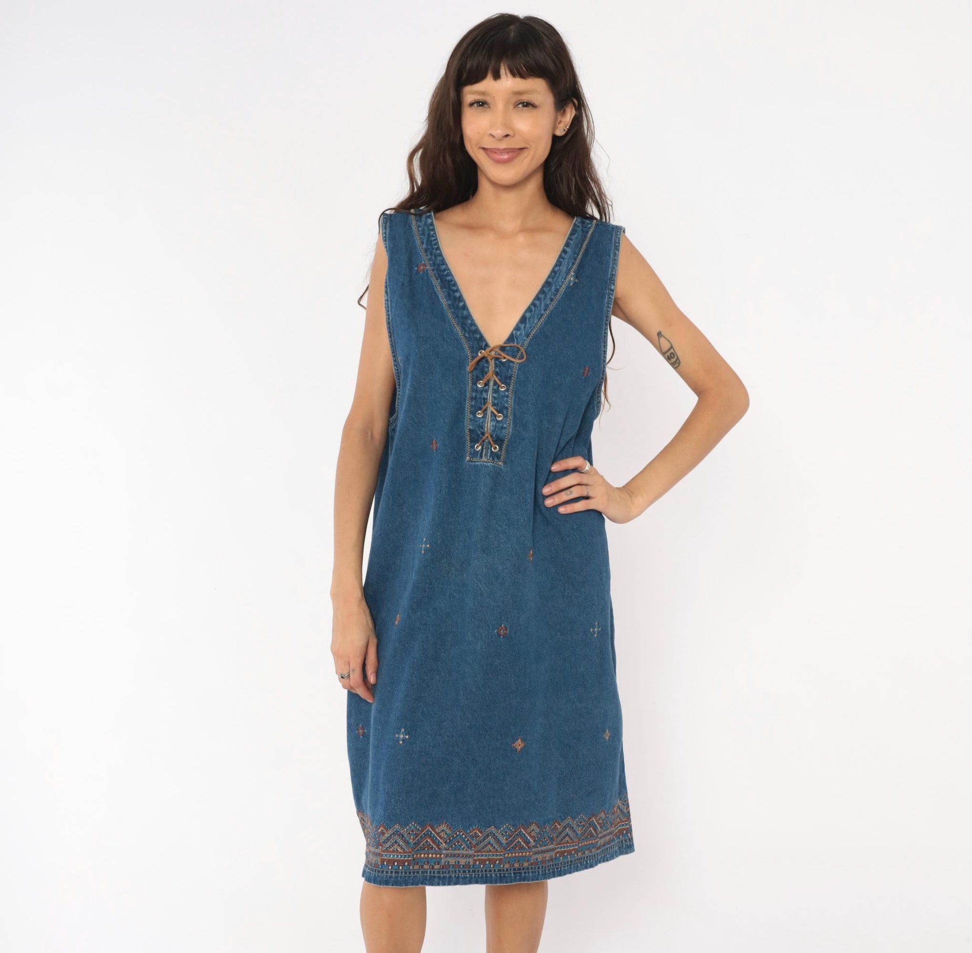 90s J.L. NY Southwestern Denim Dress Embroidered Lace-Up Navy Plus Size XXL