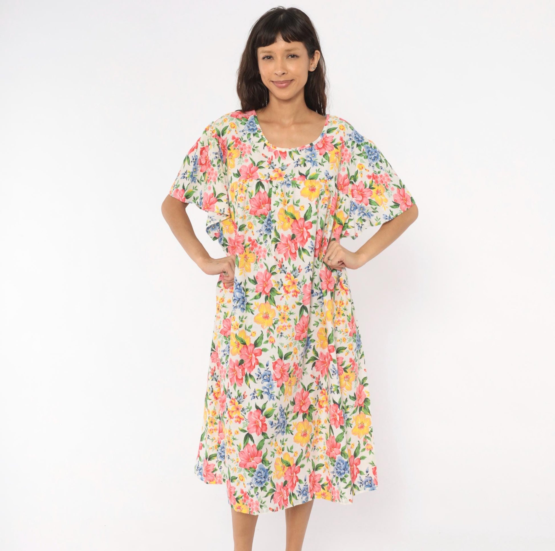 80s Floral Muumuu Dress Pink Yellow Blue Garden Print White Plus Size XXL