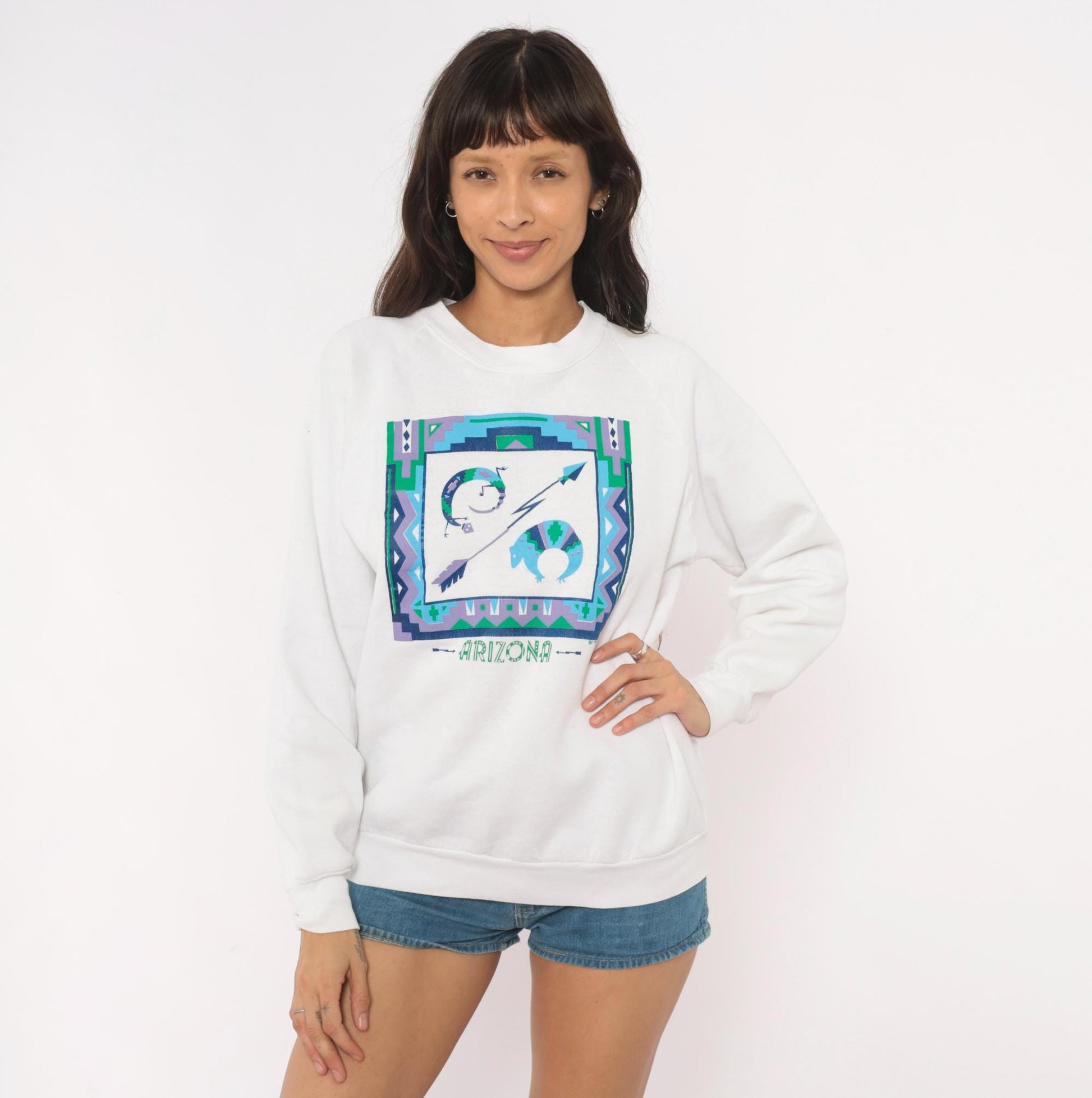 90s Fruit Of The Loom Arizona Southwestern Graphic Sweatshirt White Medium