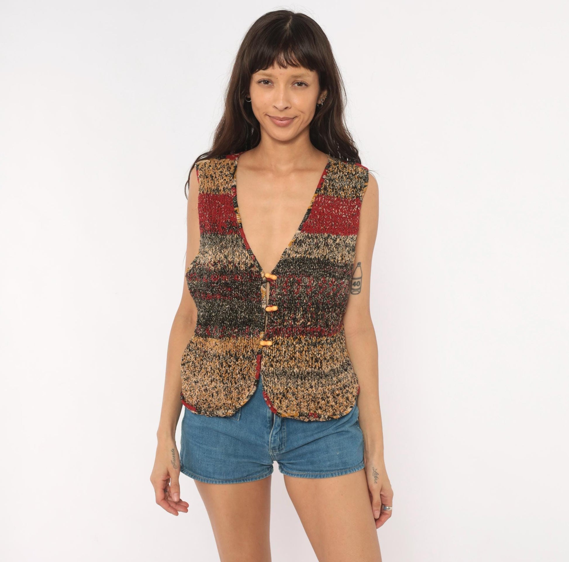 90s Knit Vest Multicolor Striped Toggle Button V-Neck Tan Red Black Medium M