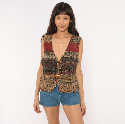 90s Knit Vest Multicolor Striped Toggle Button V-Neck Tan Red Black Medium M