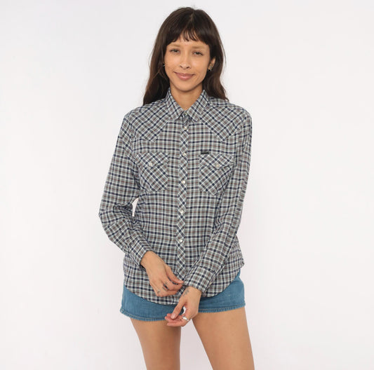 80s Stir Ups Western Plaid Pearl Snap Shirt Navy White Check Cotton Medium